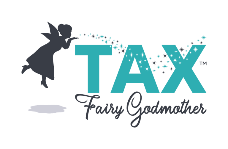 Logo for ‘Tax Fairy Godmother,’ featuring a silhouette of a fairy blowing sparkles toward the word ‘TAX’ in bold teal letters. The word ‘Fairy Godmother’ is written below in an elegant script font. The design has a transparent background.