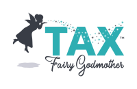 Logo for ‘Tax Fairy Godmother,’ featuring a silhouette of a fairy blowing sparkles toward the word ‘TAX’ in bold teal letters. The word ‘Fairy Godmother’ is written below in an elegant script font. The design has a transparent background.